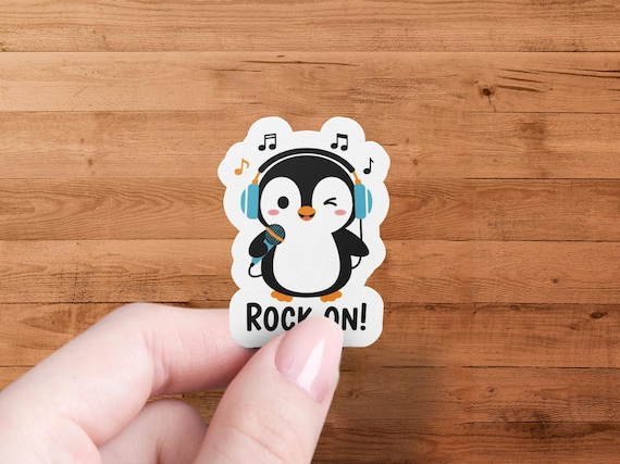 Music Penguin Vinyl-Sticker Rock Design Laptop Water-Bottle Decal Kawaii Cartoon-Gift Teen Fun Art Die-Cut