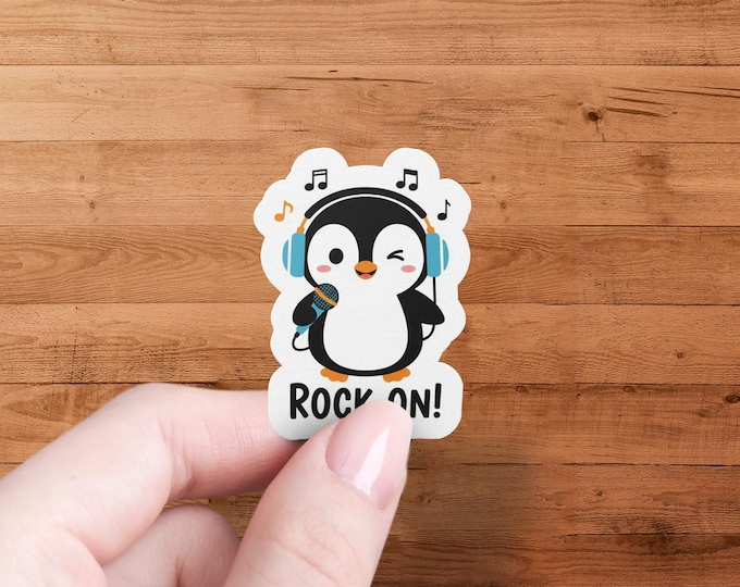 Music Penguin Vinyl-Sticker Rock Design Laptop Water-Bottle Decal Kawaii Cartoon-Gift Teen Fun Art Die-Cut