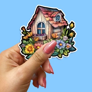 Vintage Style Blumenvogelhaus Aufkleber - Charmante Gartendekoration, Natur inspirierter selbstklebender Aufkleber für den Innen- und Außenbereich