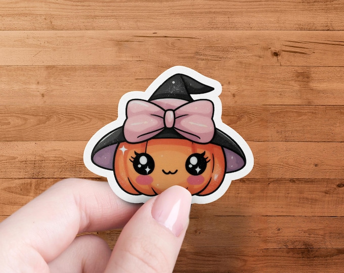 Kawaii Pumpkin Witch Sticker, Halloween Laptop Decal
