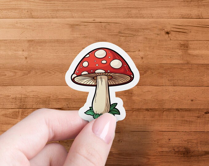 Cute Mushroom Sticker, Mushroom Vinyl Decal, Red Mushroom Art, Cartoon Fungus Sticker, Waterproof Mushroom Sticker, Laptop Decor