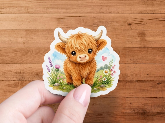 Glossy Vinyl Highland Cow Sticker Watercolor Farm Animal Decal