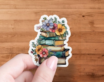 Stack of Vintage Books with Flowers Sticker, Book Lover Gift, Floral Decorative Stickers, Retro Book Aesthetic, Journal Decoration