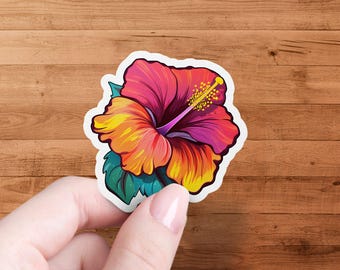 Colorful Hibiscus Flower Sticker, Die Cut, Laminated, Waterproof, Tropical Flower Decal, Vibrant Floral Art, Garden Lover Gift
