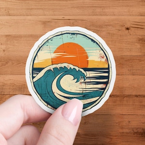 Retro Sunset Wave Sticker: Vintage Beach Art Decal