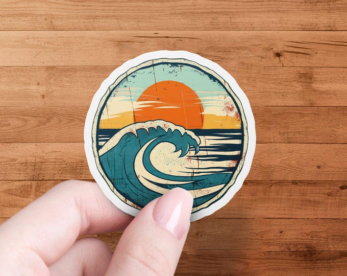 Retro Beach Sunset Wave Sticker, Vintage Ocean Surf Art Decal, Coastal Summer Vibes, Beach Lover Gift, Aesthetic Water Sticker, Laptop