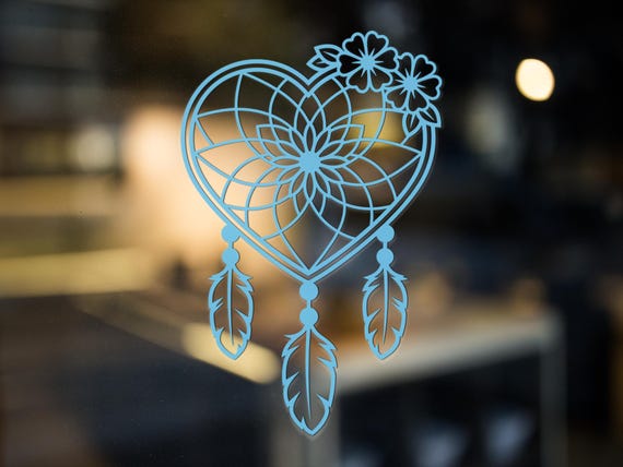 Heart Dreamcatcher Vinyl Decal – Floral Boho Car Sticker, Blue Mandala Feather Design