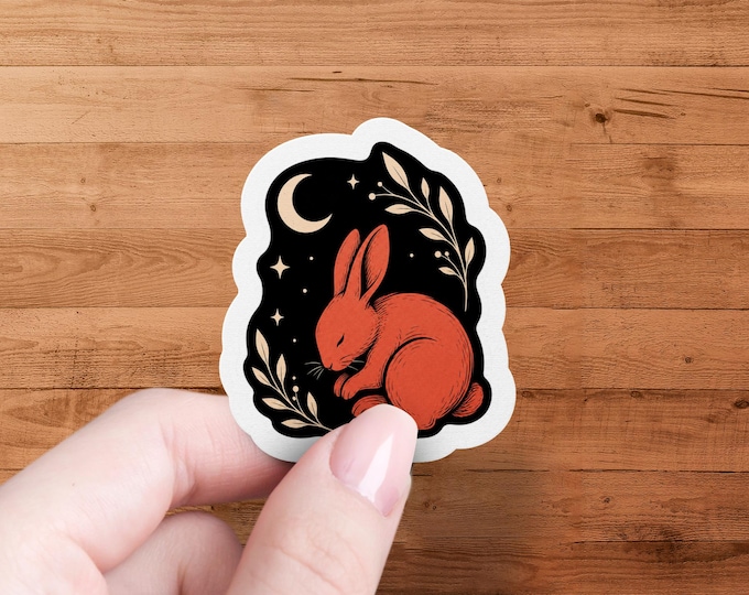 Glossy Die Cut Rabbit Sticker with Celestial Botanical Cottagecore Art