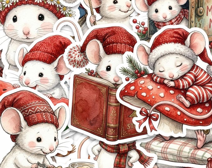 Mouse Sticker Pack, 15 Pieces, 2 Inch Vinyl, Gloss Finish, Christmas and Storybook Scenes