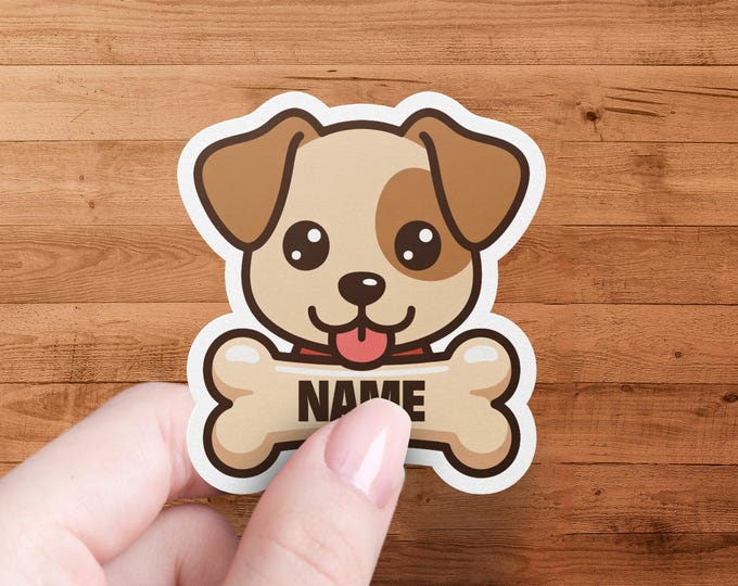 Puppy with Bone Sticker, Personalized Dog Decal