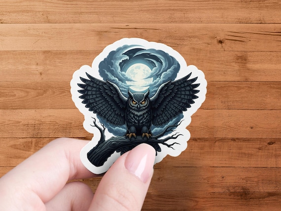 Dark Owl Moon Glossy Vinyl-Sticker Die-Cut Gothic Night Animal Decal Laptop Water Bottle Art