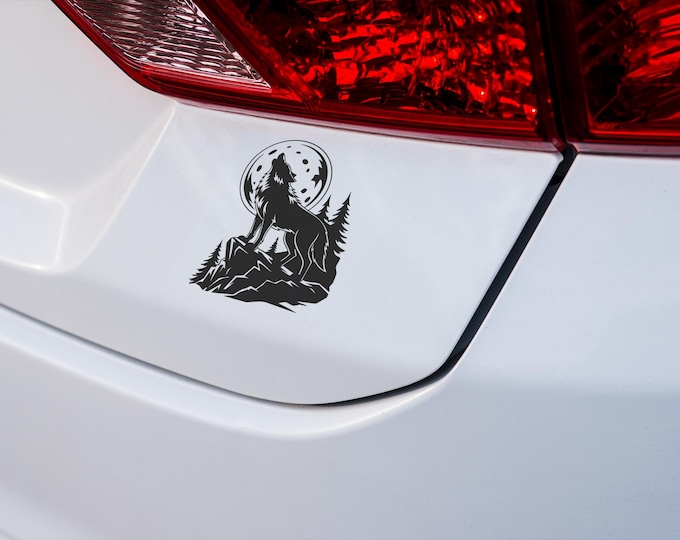 Wolf Howling at Moon Vinyl Decal: Nature Scene Silhouette Sticker