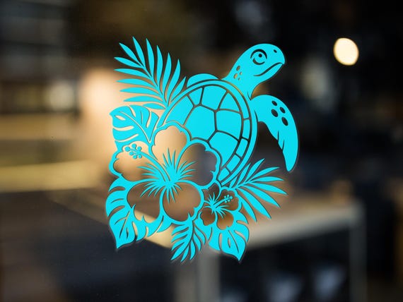 Tropical Sea Turtle Vinyl Decal Black Car Laptop Sticker Hawaiian Floral Design