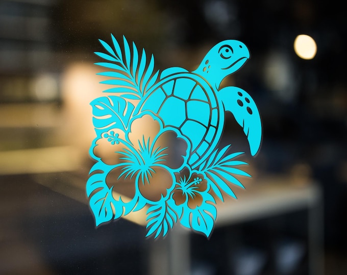 Tropical Sea Turtle Vinyl Decal Black Car Laptop Sticker Hawaiian Floral Design
