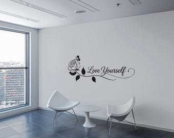 Love Yourself decal with rose and butterfly design elegant script inspirational self care vinyl sticker floral quote wall decor art