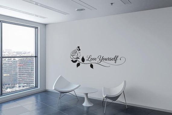 Love Yourself decal with rose and butterfly design elegant script inspirational self care vinyl sticker floral quote wall decor art