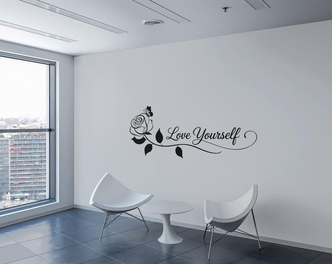 Love Yourself decal with rose and butterfly design elegant script inspirational self care vinyl sticker floral quote wall decor art