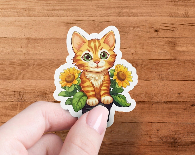 Kitten in Sunflower Pot Sticker: Adorable Cat Decal