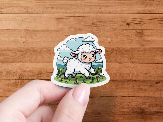Glossy Lamb Sticker with Pastel Meadow Illustration