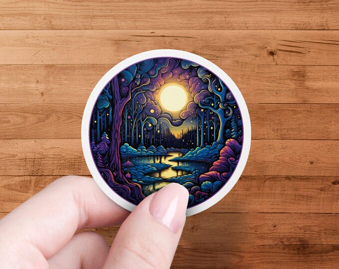 Magical Forest Sticker, Lunar Night Glow, Fantasy Nature Decal, Celestial Forest Art, Colorful Wilderness Decor, Whimsical Sticker