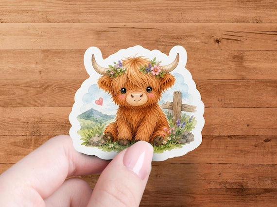 Highland Cow Glossy Vinyl Sticker Watercolor Farm Animal Die Cut Decal