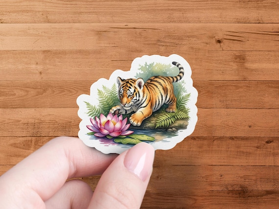 Tiger Lotus Glossy Sticker Wildlife Floral Art Decal Nature Animal Flower Illustration Laptop-Water-Bottle-Journal-Decor-Gift Pack