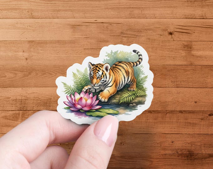 Tiger Lotus Glossy Sticker Wildlife Floral Art Decal Nature Animal Flower Illustration Laptop-Water-Bottle-Journal-Decor-Gift Pack