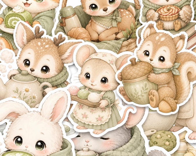 2 Inch Glossy Vinyl Woodland Animal Sticker Pack, 15 Piece Sage Green Illustrated Set