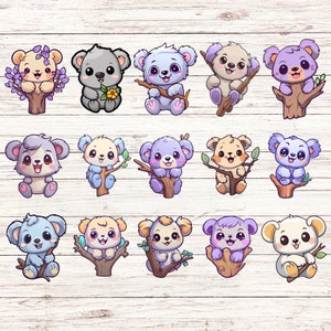 Paquete de 15 pegatinas Kawaii Koala - Lindas calcomanías de animales para manualidades - Koalas adorables - Colores vibrantes - Perfecto para planificadores, cuadernos