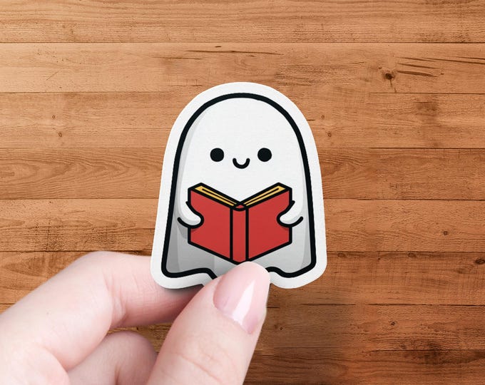 Reading Ghost Sticker, Cute Ghost with Book, Kawaii Decal, Laptop Sticker, Book Lover Gift, Spooky Season Sticker