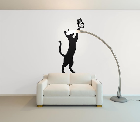 Cat Pawing Butterfly Vinyl Decal – Removable Wall Sticker for Cars, Laptops & Home, Cute Cat Decor for Walls and Vehicles