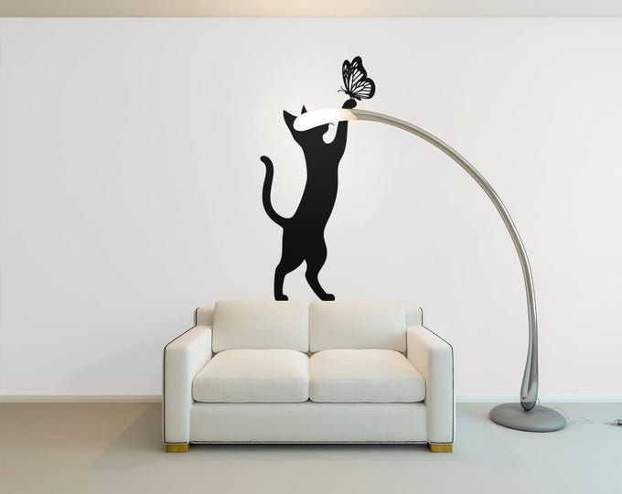 Cat Pawing Butterfly Vinyl Decal – Removable Wall Sticker for Cars, Laptops & Home, Cute Cat Decor for Walls and Vehicles