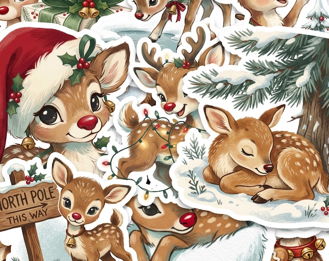 Christmas Reindeer Stickers, 15 Piece Glossy Vinyl Pack, 2 Inch Festive Deer Designs