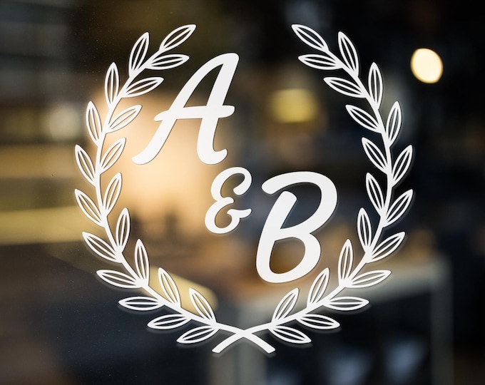 Custom Wedding Vinyl Decal Personalized Laurel Wreath Sign Sticker for Mirrors, Welcome Boards or Acrylic DIY Ceremony Decor