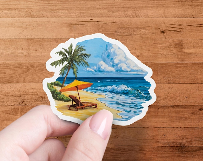 Tropical Beach Scene Sticker, Laptop Decal