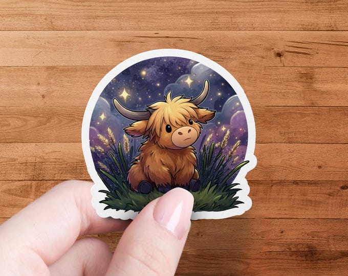 Highland Cow Sticker, Cute Celestial Art, Water Resistant Laptop Decal