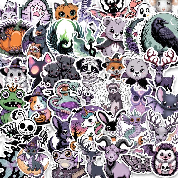 50 Pastel Goth Halloween Stickers – Kawaii Spooky Creatures, Vinyl Decals