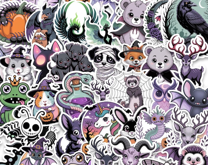50 Pastel Goth Halloween Stickers - Kawaii Spooky Creatures Vinyl Decals Gothic Pack