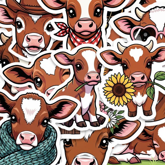 Cow Sticker Pack 15pc Glossy Vinyl Kawaii Farm Animal Decals