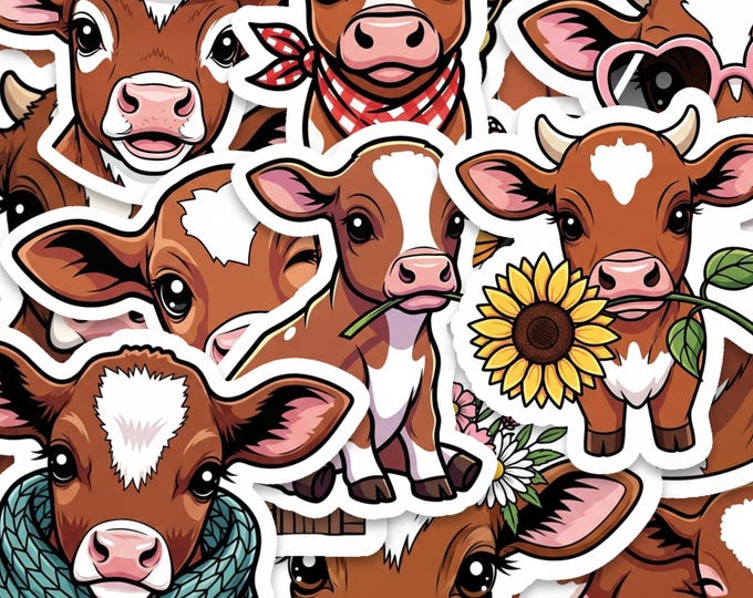 Cow Sticker Pack 15pc Glossy Vinyl Kawaii Farm Animal Decals