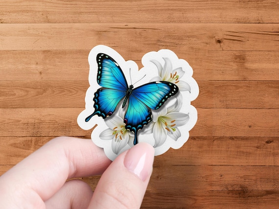 Blue Butterfly White Lilies Sticker-Waterproof Floral Vinyl Decal-Botanical Nature Lover Gift-Laptop Water Bottle Planner