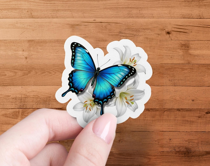 Blue Butterfly White Lilies Sticker-Waterproof Floral Vinyl Decal-Botanical Nature Lover Gift-Laptop Water Bottle Planner