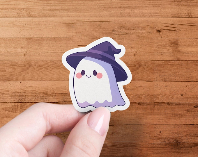Cute Ghost with Witch Hat Sticker, Spooky Halloween Decoration, Adorable Ghost Die Cut Sticker for Laptops and Notebooks