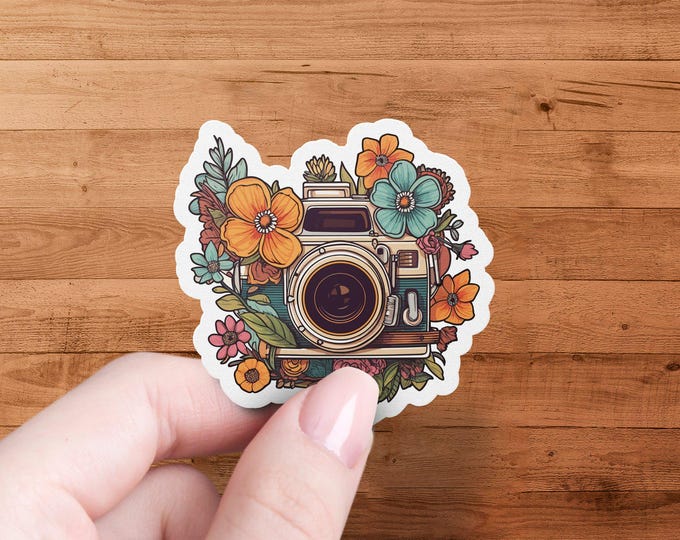 Vintage Camera Floral Sticker, Retro Camera with Flowers Decal, Cute Boho Decor Sticker, Colorful Floral Art, Laptop and Water Bottle