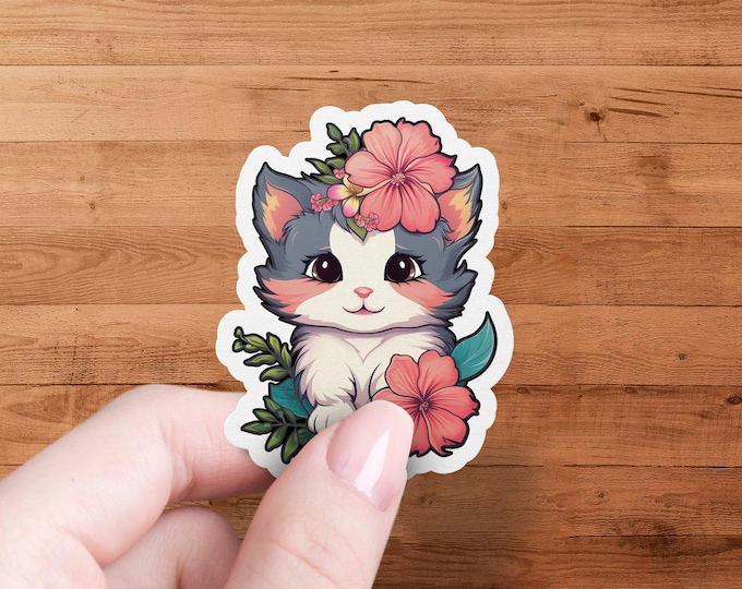 Kawaii Cat Sticker: Hibiscus Flower, Waterproof Laminated Die Cut