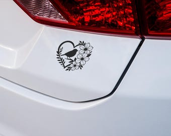 Boho Heart Bird Vinyl Car Sticker, Floral Heart Decal, Wedding Gift, Romantic Car Decor, Waterproof Auto Sticker, Customizable Gift Idea