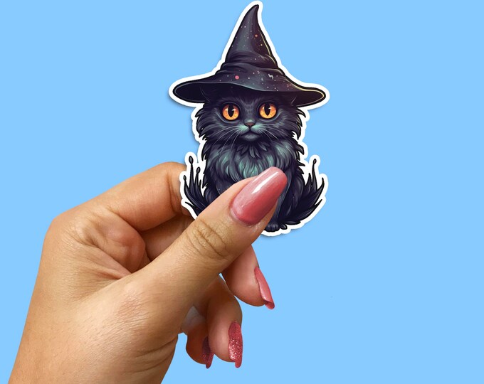 Black Witch Cat Vinyl Sticker, Halloween Decal for Laptops, Phone Cases, and Water Bottles, Spooky Cat Lover Gift Idea
