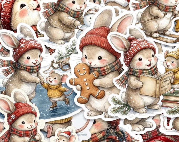 Christmas Bunny Sticker Pack, 15 Glossy Vinyl Watercolour Rabbit & Mouse Stickers, 2 Inch