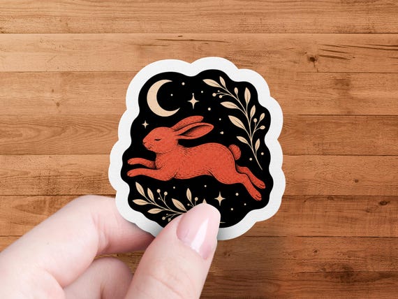 Glossy Vinyl Rabbit Sticker: Celestial Moon Bunny Die Cut Decal