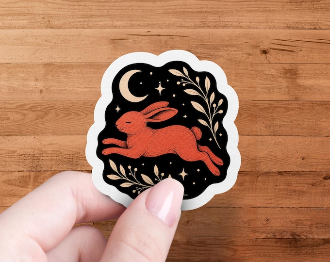 Glossy Vinyl Rabbit Sticker: Celestial Moon Bunny Die Cut Decal